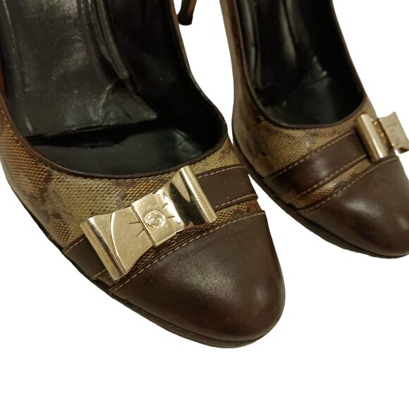 Rare Gucci GG Pumps Heels Sz 6 B BRASS GOLD BOWS Crystal Coated Canvas Classic - Picture 4 of 16